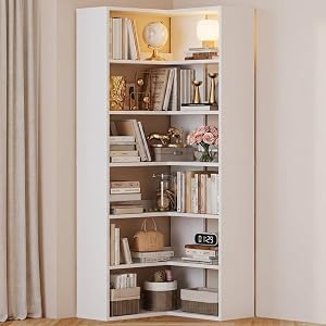 Treesland Corner Bookshelf, 6-Tier Tall Corner Bookcase, L-Shaped White Corner Shelf with Open Storage Shelves for Living Room, Bedroom, Home Office, Small Spaces