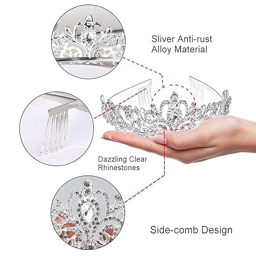 Miniatura 3 de Didder - Diadema de cristal plateada con corona de princesa, elegante corona con peines para mujeres y niñas para novias, bodas, graduaciones,
