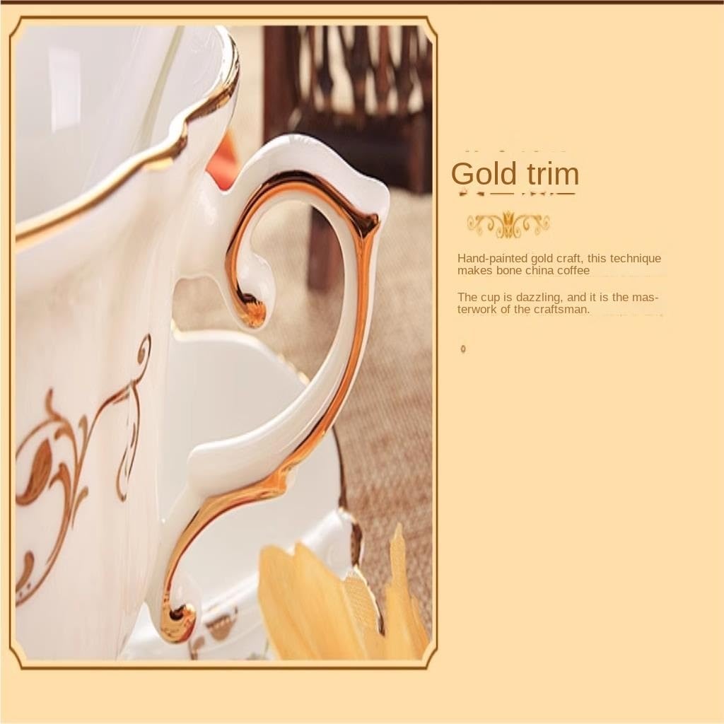 Juegos de tazas y platillos Juego de taza de café y platillo de lujo pequeño con borde dorado, de porcelana china, for té de la tarde(StyleE)