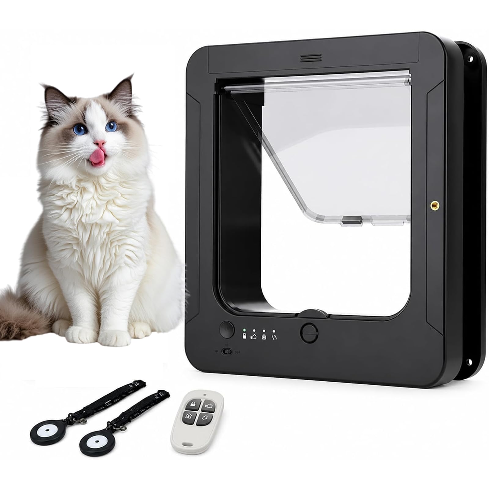 Puerta Inteligente para Gatos, Puerta Automática para Mascotas | 2 Lectores de Microchip, Control Remoto, Fácil Instalación, Resistente a la Intemperie, Gatos, Perros Pequeños(black)