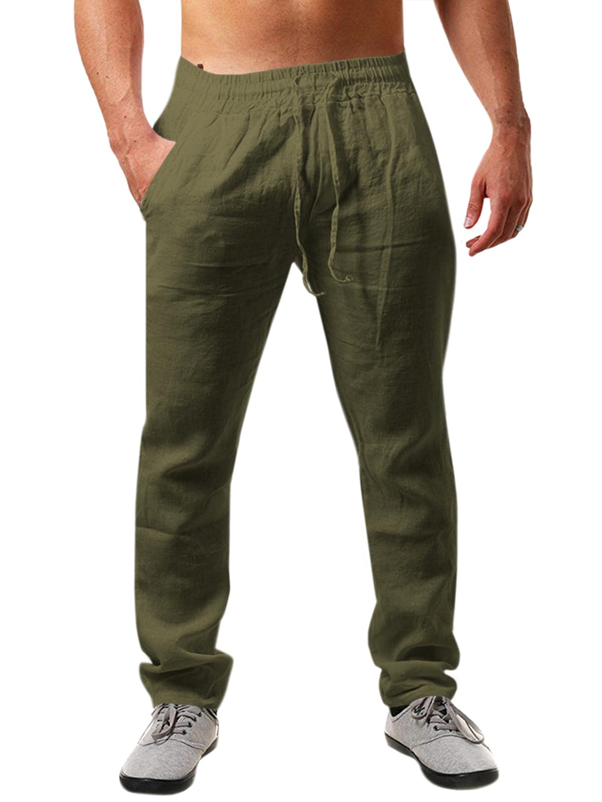 Runcati Herren Leinenhose Einfarbiges Lang Leicht Sommerhose Loose Fit Freizeithose mit Kordelzug für Urlaub Strand Alltag