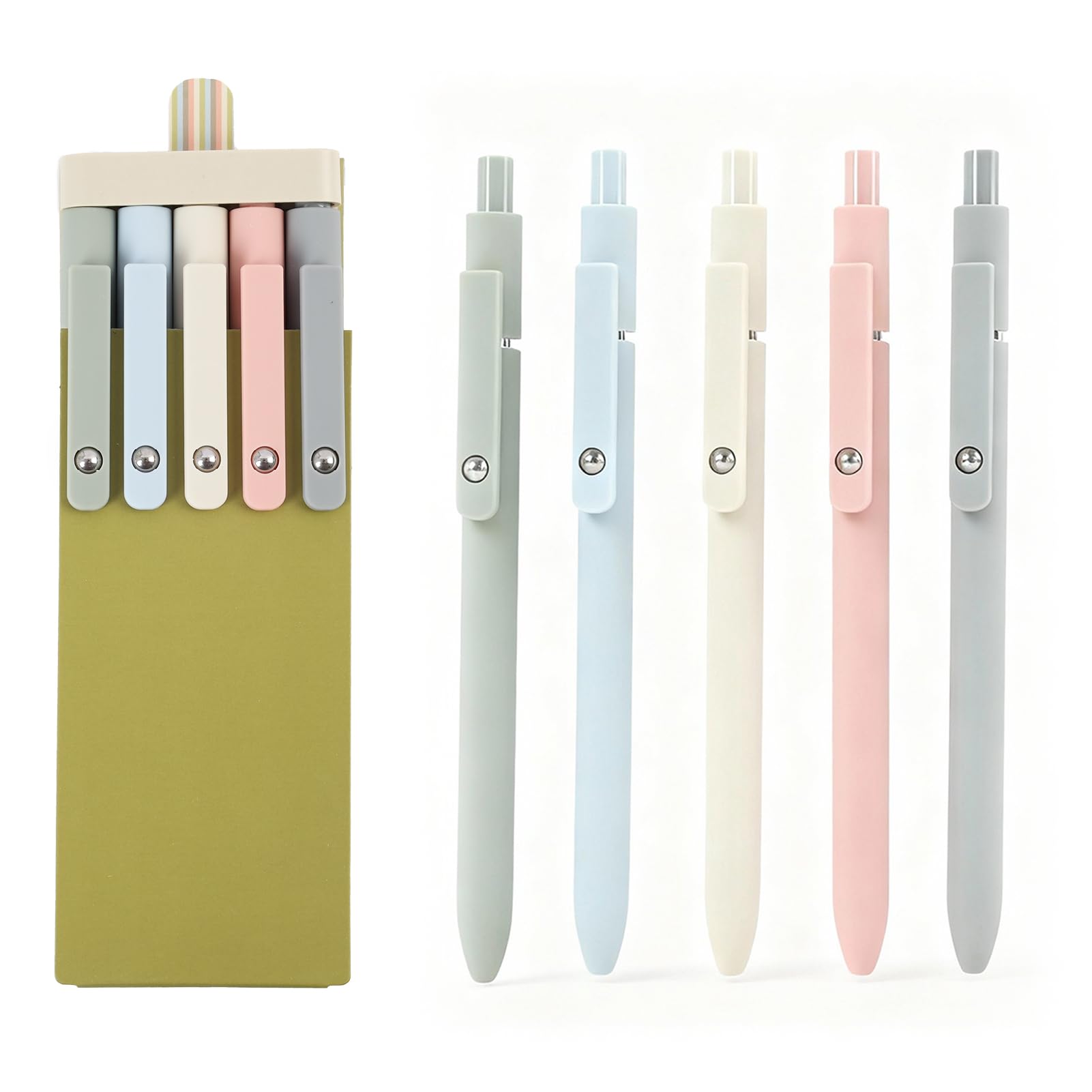 5 Pcs Gel Pens, 0.5mm Fine Point Pens, Black Ink Retractable Ballpoint Writing Pens with Soft Silicone Grip, Metal Clip Morandi Series School Supplies Office Journaling Note Taking Stationery Set