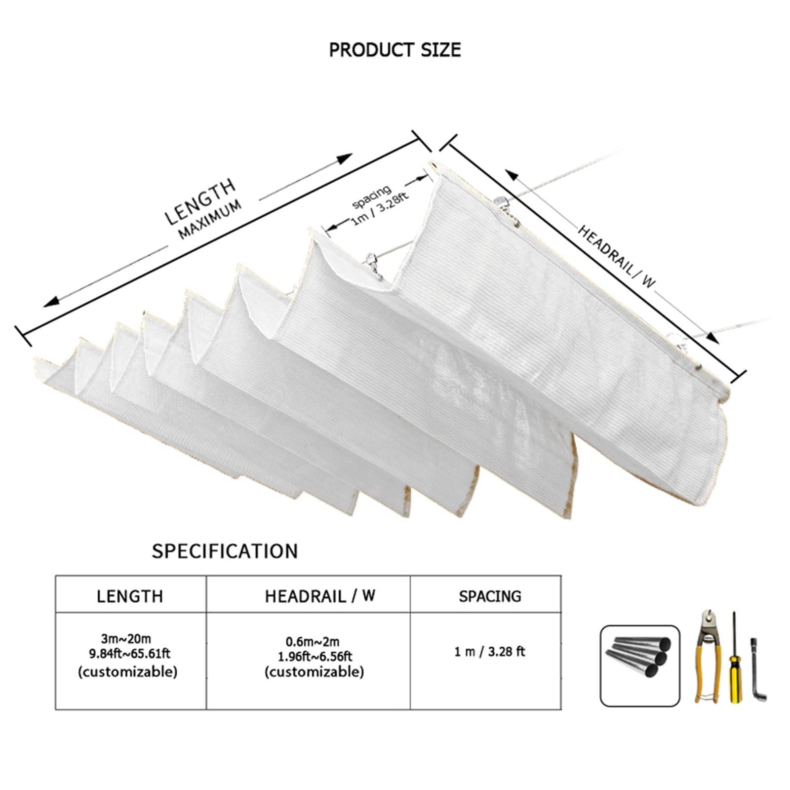 Geovne U-förmiges Wave-Sonnensegel – Einziehbar, 70% UV-Schutz, 1,7x7 M, Weiß