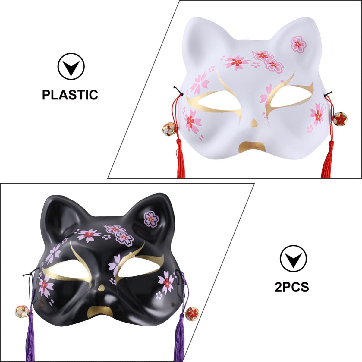 Sewroro 2pcs Japanese Style Anime Cat Mask - Cosplay Half Face Kabuki Mask for Halloween Masquerade Party Dress-Up Costume - Image 3