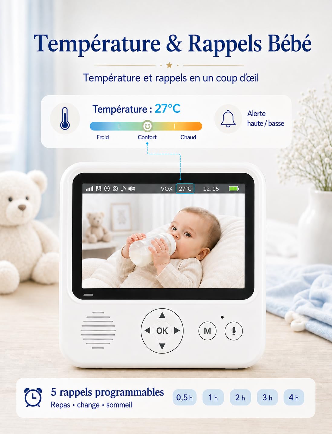 BURNNOVE Babyphone Caméra 2,8” IPS 720P Moniteur Bébé Longue Autonomie 96H VOX sans WiFi ni App Vision Nocturne Audio Bidirectionnel Détection Son/Mouvement pour Nuit et Sieste