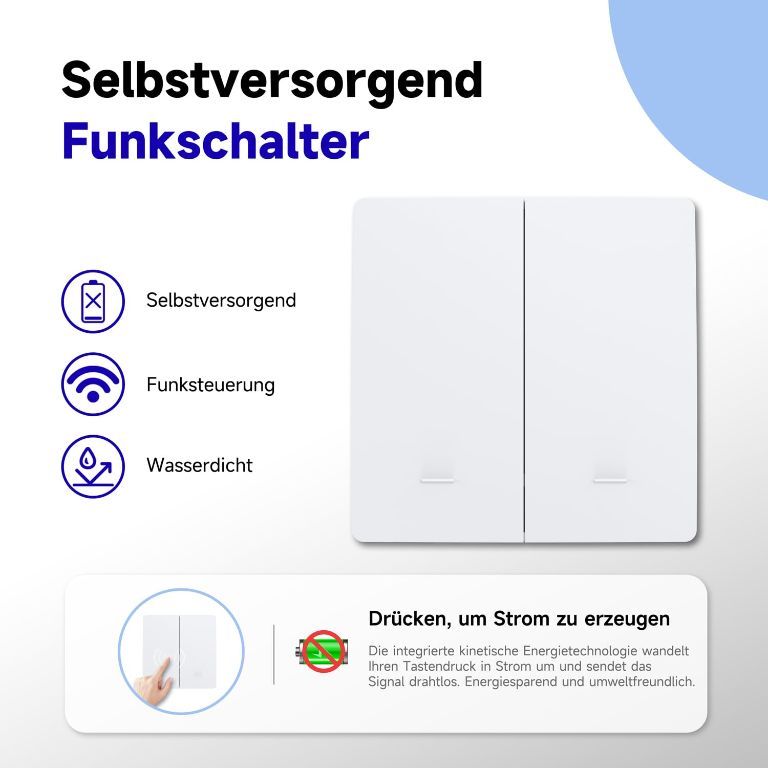 Kabelloses Kinetisches Schalter-Set ohne Batterien, Schalter, selbstversorgt, kabellose Schalter, Chinetik ohne Batterie, Funk-Fernbedienung, Lichtschalter, kabellos, RF (EU 2 Gang 2 V2 White)