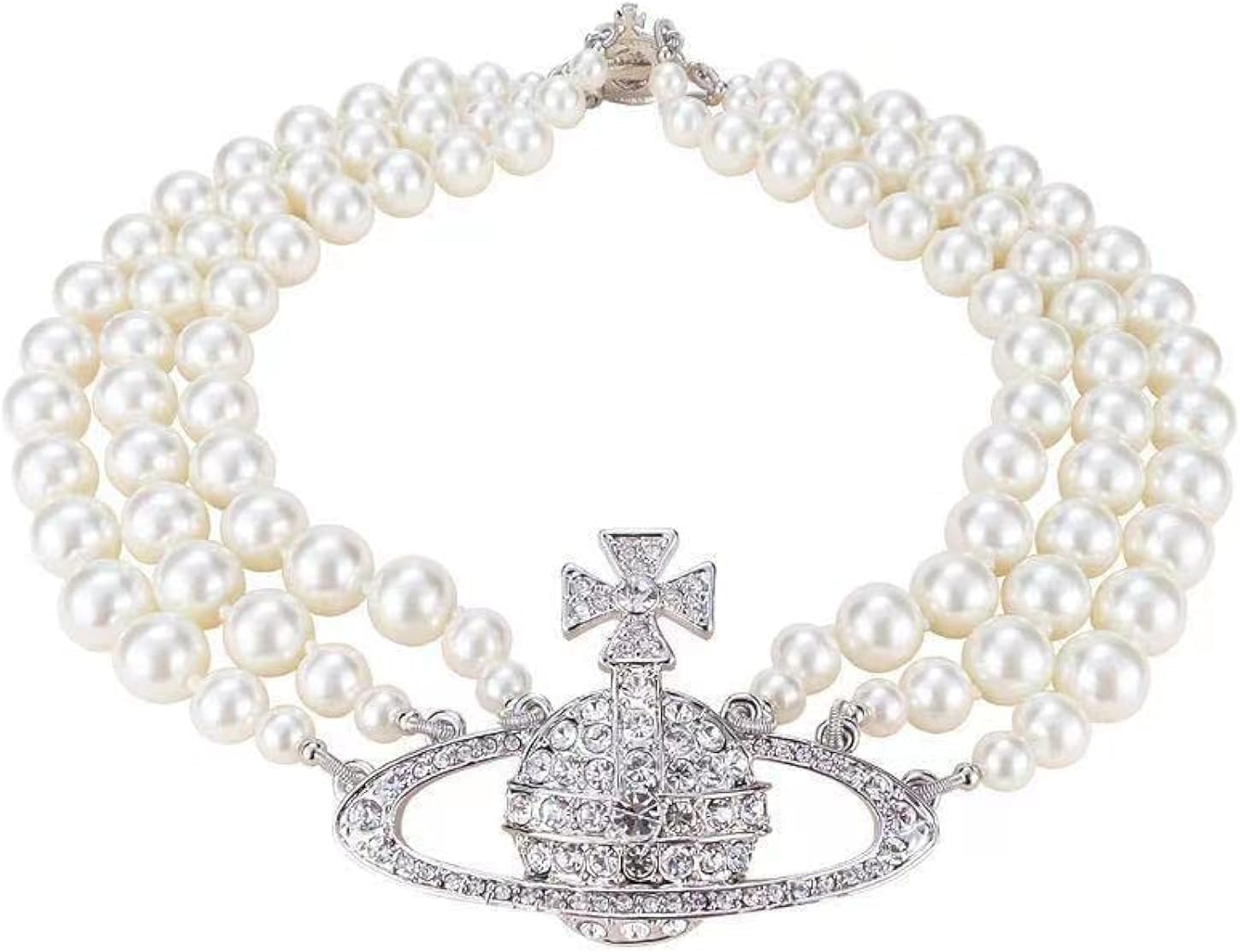 Saturn Pearl Necklace White Pearl Choker Necklace for Women Crystal Rhinestone Planet Necklace Gifts for Mum Wife Girlfriend Wedding Birthday Anniversary