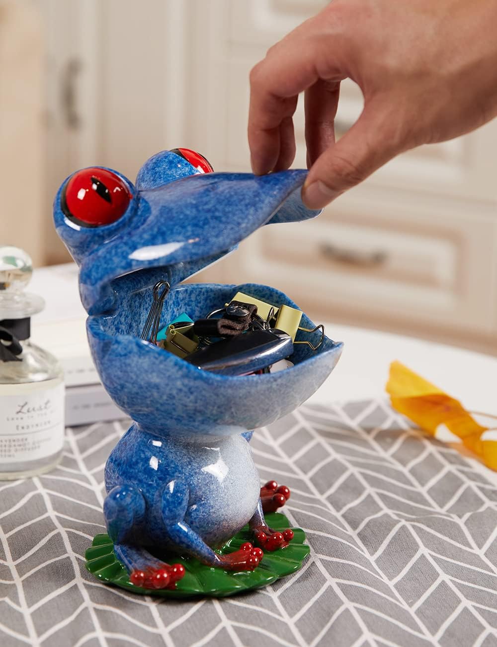 Frog Figurine Candy Dish Cookie Jar Snack Tray Modern Art Home Decor Gift for Living Dining Room Kitchen Office Blue 8 Inch