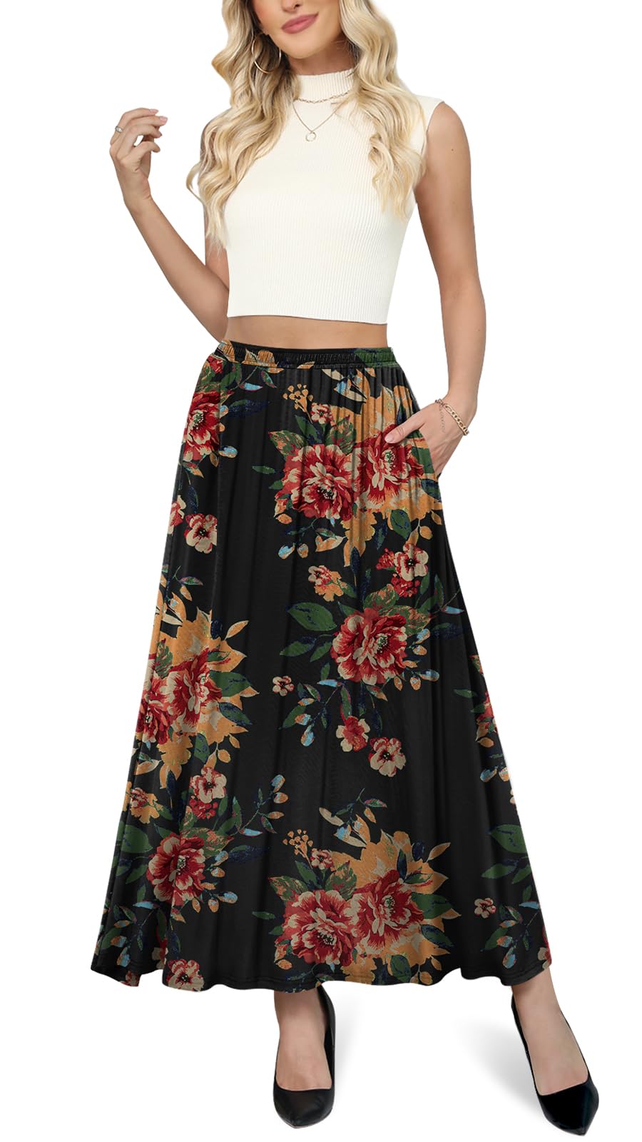 Yincro Womens Maxi Skirt Casual Flowy Elastic High Waist Long Skirts with Pockets
