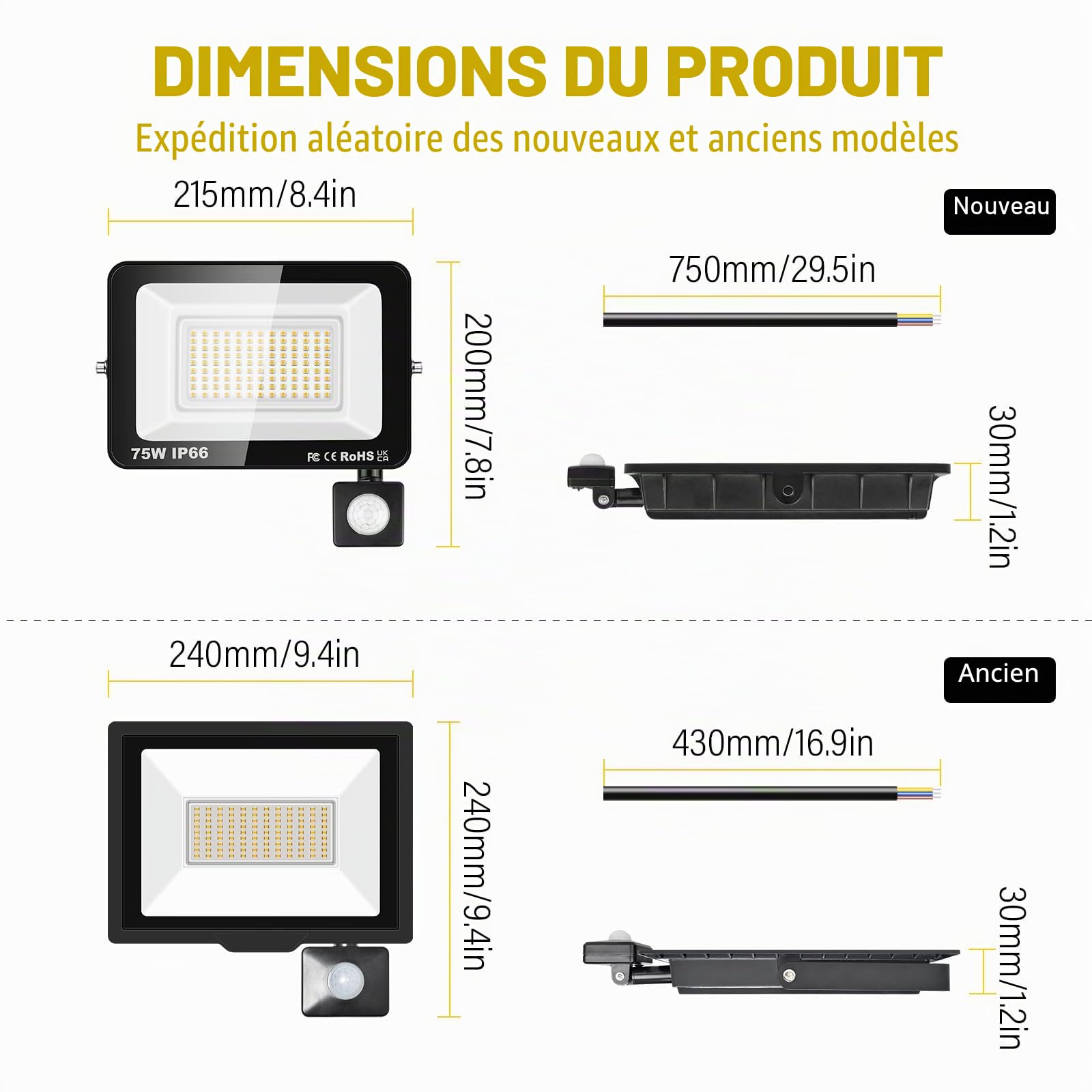 Willpower Projecteur LED Extérieur 75W Spot LED Avec Détecteur de Mouvement