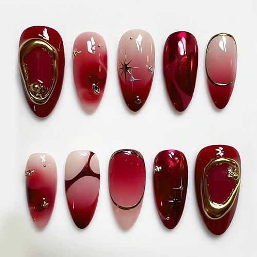 Almond Press on Nails Medium Red Fake Nails with Design