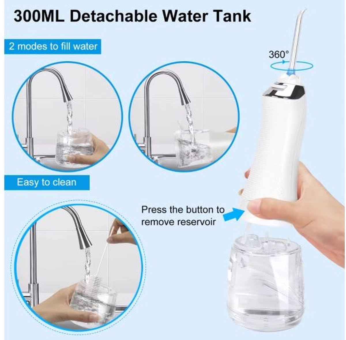 Hali-Q - Idropulsore senza fili, irrigatore orale portatile, 5 modalità di pressione (40-140 psi), serbatoio dell'acqua da 300 ml, 5 ugelli, ricaricabile tramite USB, impermeabile IPX7, sistema a