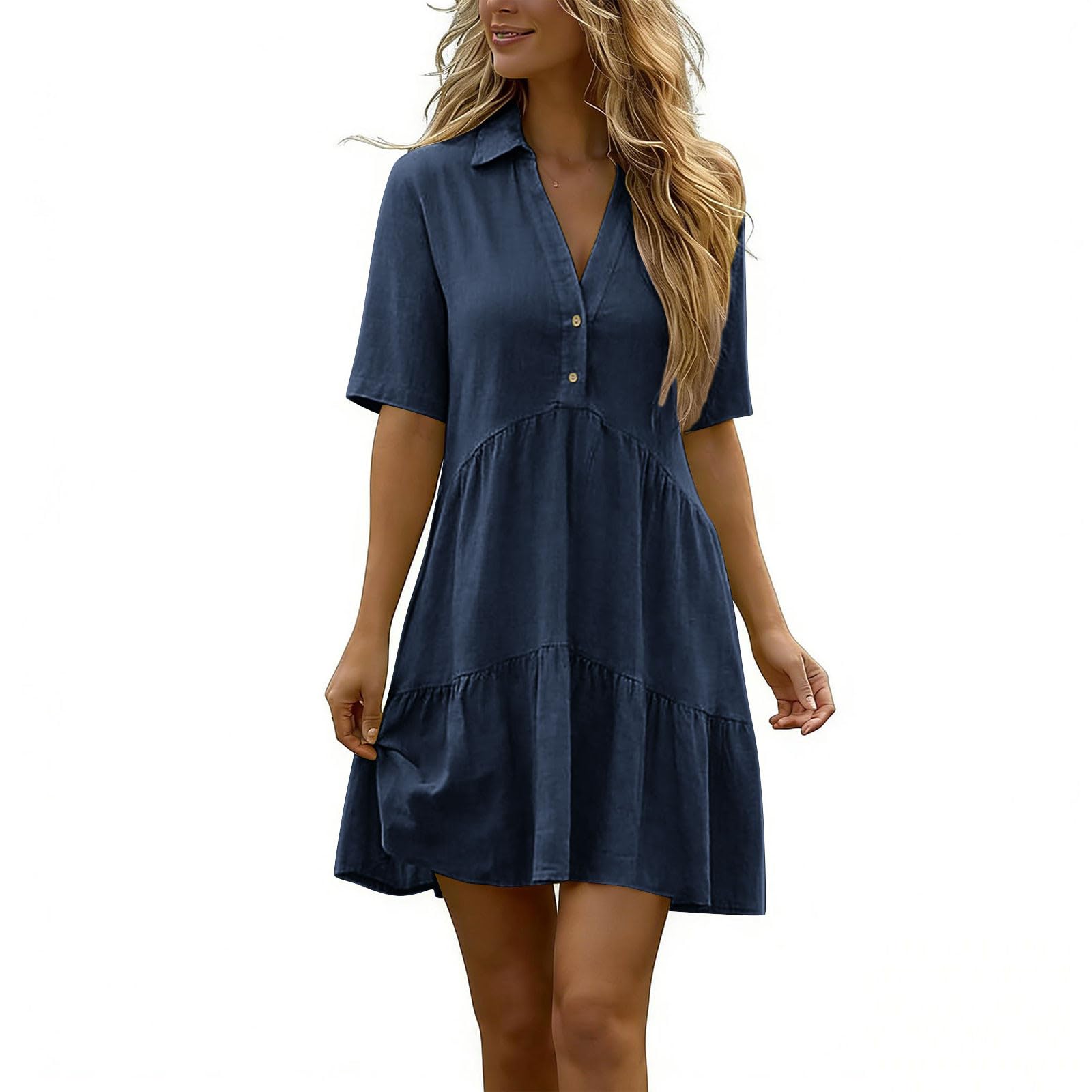 Womens Cotton Linen Dresses Summer Casual Loose Fit Sundress V Neck Button Down Short Sleeve Mini Dress