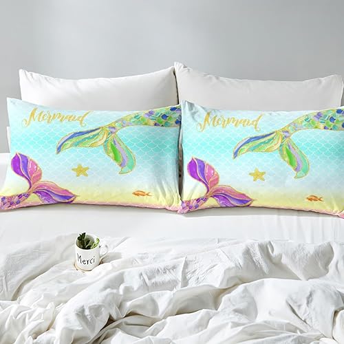 Miniatura 4 de Manfei Juego de funda de edredón de sirena tamaño matrimonial, funda de edredón de escamas de peces en acuarela con 2 fundas de almohada, juego de