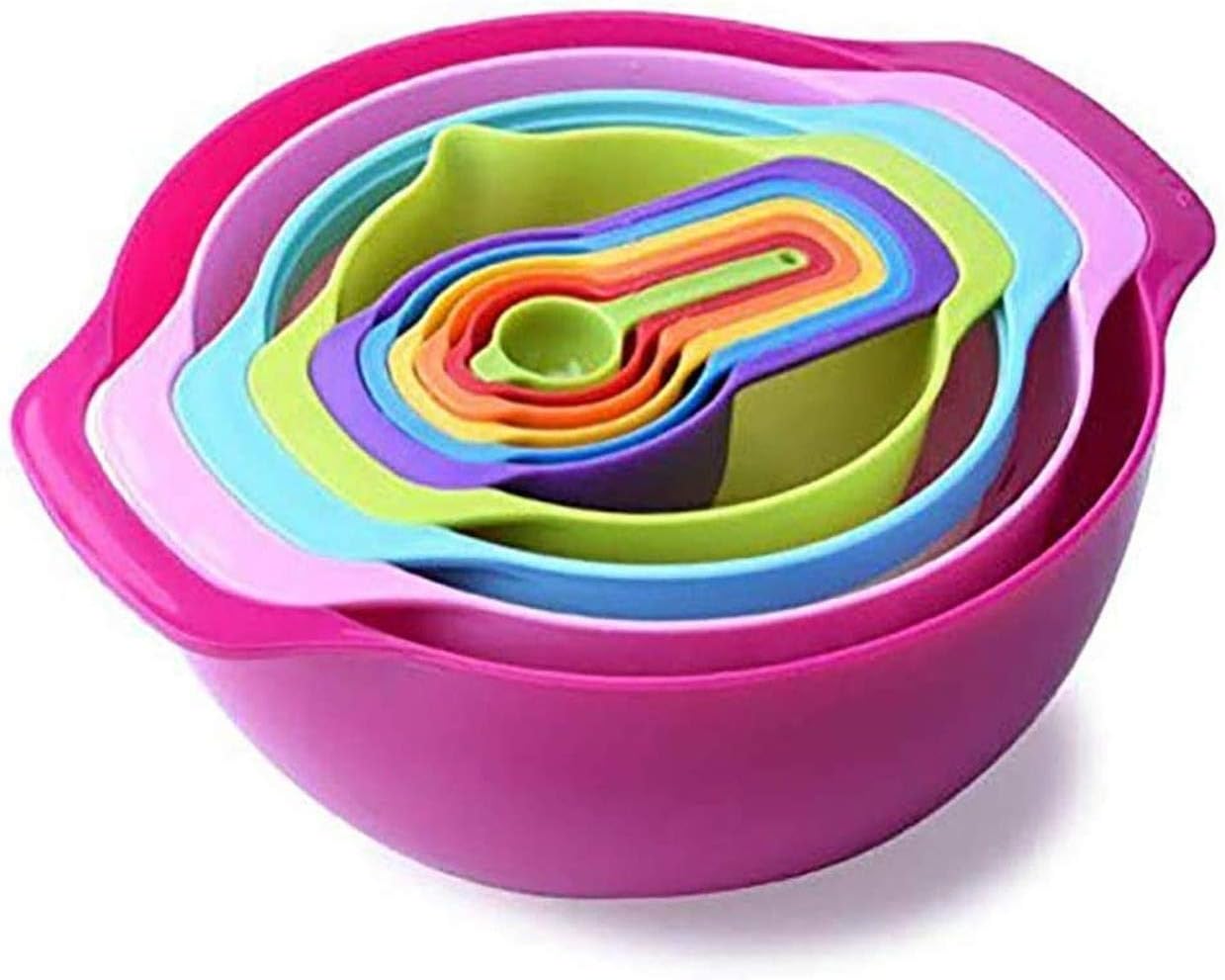 NIDAYEDE 10pcs Plastic Mixing Bowls with Spout and Handle,Nest Multi Coloured Stackable Homeware Cooking Set Using As Salad Bowl, Baking Bowl, Perfect for Mixing, Beating and Storaging Food