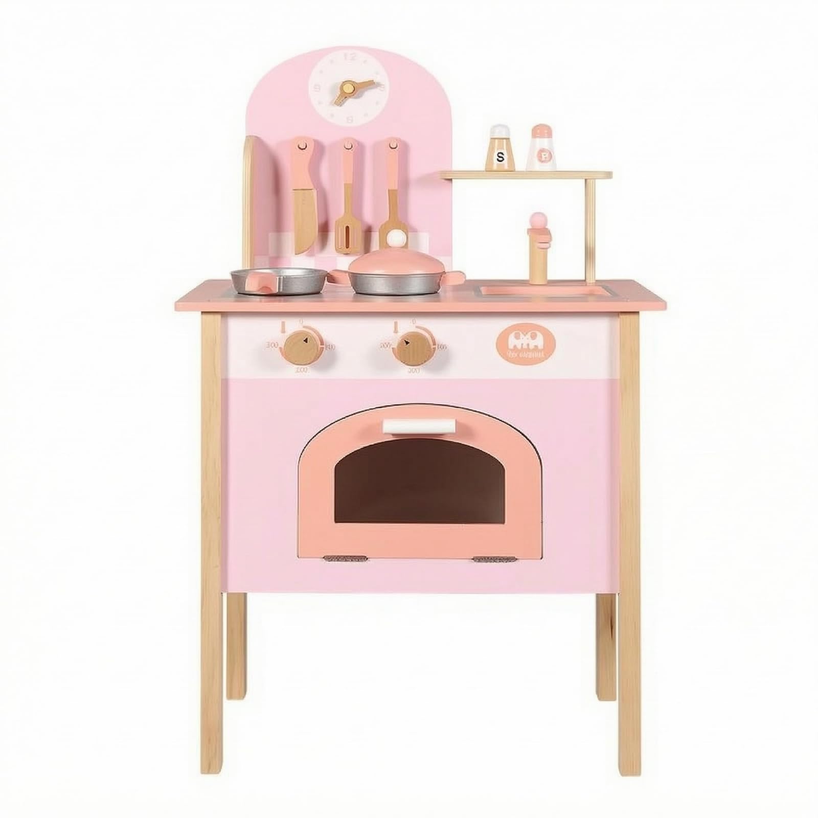Colcolo Cucina Giocattolo in Cucinino Fornelli Lavello Forno Anta Manopole Accessori Pentole E Mestoli Struttura Solida in Legno Acciaio Adatta per Gioco, Rosa