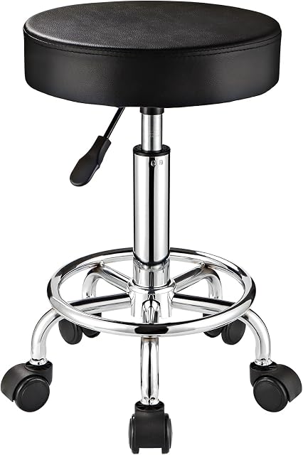 FNZIR Adjustable Stool with Wheels Round Rolling Stool for Spa Salon Massage Office Stool Chair (Black)