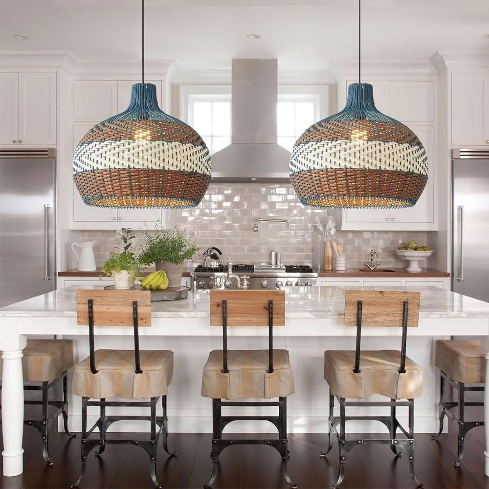 Lampadario rustico a 1 luce in rattan, stile boho, per soggiorno, lampada a sospensione intrecciata a mano, illuminazione rustica per isola cucina e ristorante (40 cm/50 cm)