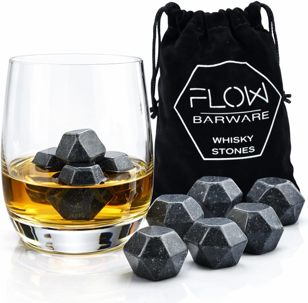 FLOW Barware 9 x Polished Whisky Stones Reusable Diamond Shaped Granite Ice Cube Stones - Drinks Cooler Cubes for Whiskey Scotch on The Rocks Gift with Storage Pouch
