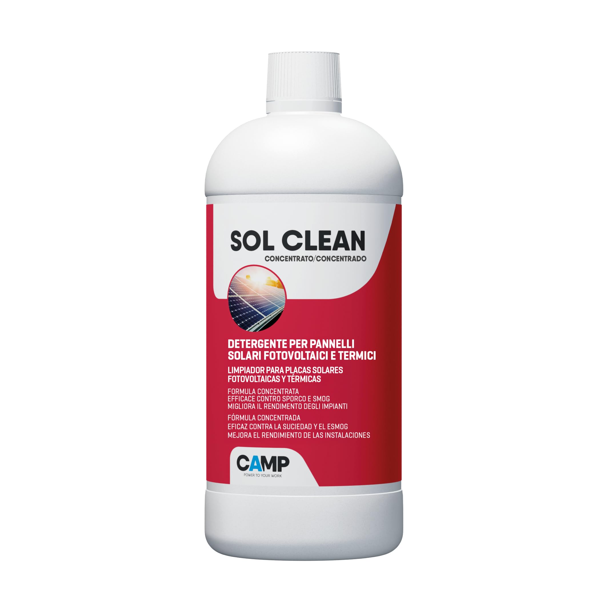 CAMP Sol Clean Concentrato - Detergente per Pannelli Solari, Pulizia Pannelli Fotovoltaici ad Asciugatura Rapida - Rimuove Sporco, Polveri, Smog e Calcare e Migliora il Rendimento Energetico, 1 l