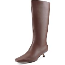 Knee High Boots Women Square Toe Kitten Low Heel Tall Boots Womens Leather Side Zipper Dress Fashion Fall Long Boot