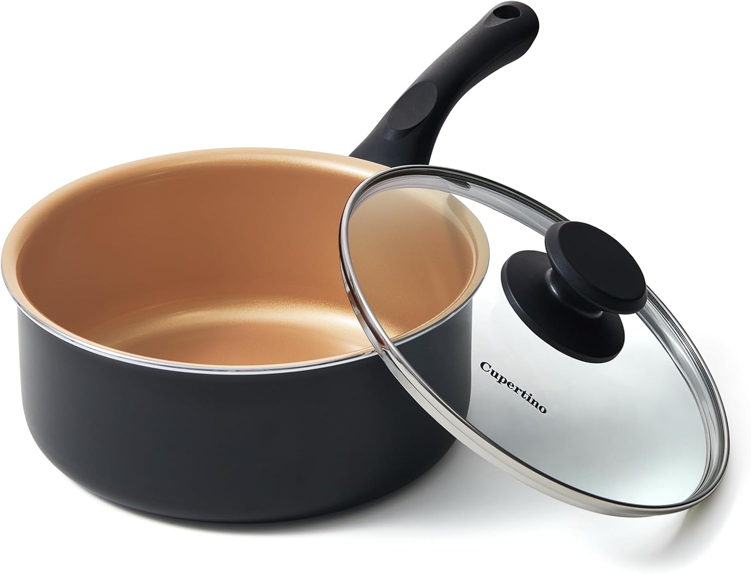 Cupertino 2 Quart Saucepan with Lid, Non Stick Copper Pot, 2 QT Small Pot for cooking, Sauce Pan