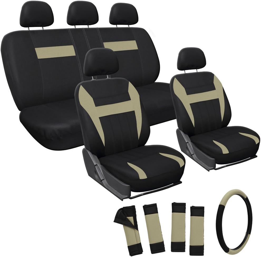 Oxgord 17pc Set Flat Cloth Mesh / Beige / Tan & Black Auto Seat Covers Set - Airbag Compatible - Front Low Back Buckets - 50/50 or 60/40 Rear Split Bench - 5 Head Rests - Universal Fit for Car, Truck, Suv, or Van - FREE Steering Wheel Cover