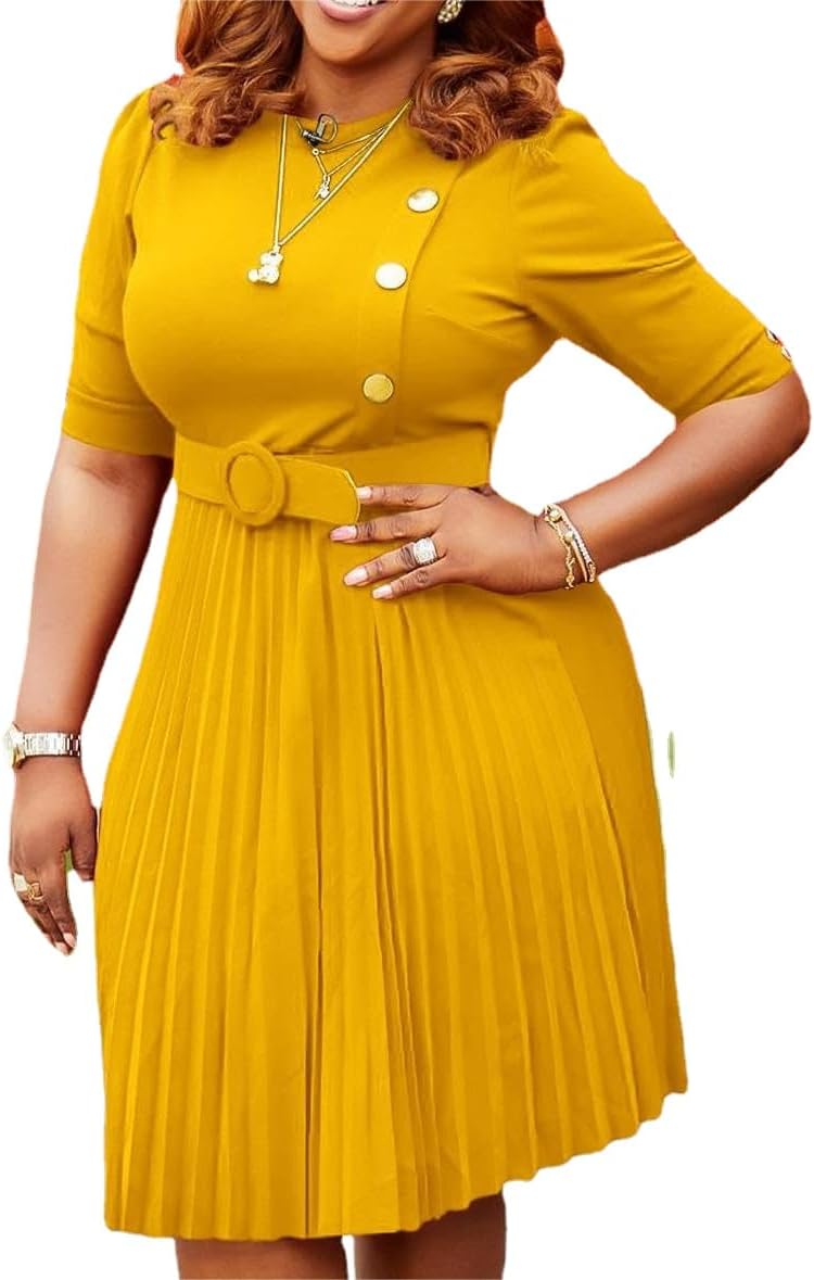 Women's 2023 Autumn/Winter New Full and Elegant Solid Color Pleated Button Dress