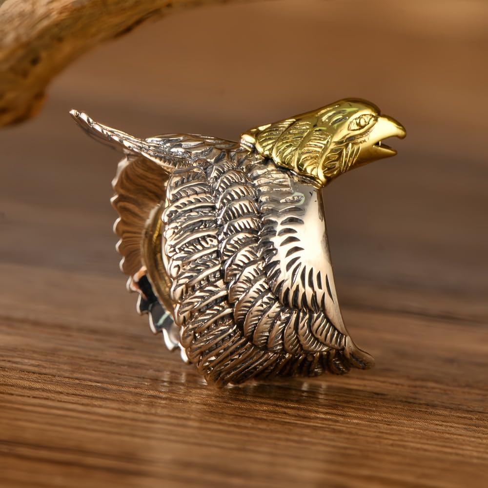 Two Tone 925 Sterling Silver Flying Eagle Ring Bird Hawk Ring Golden Head for Men Women Open Adjustable