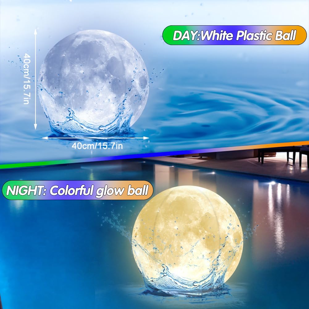 Joycabin 2 bolas de agua hinchables LED luminosas con luna, diámetro de 40 cm, iluminación flotante para piscina, impermeable, para playa, jardín, piscina, fiesta