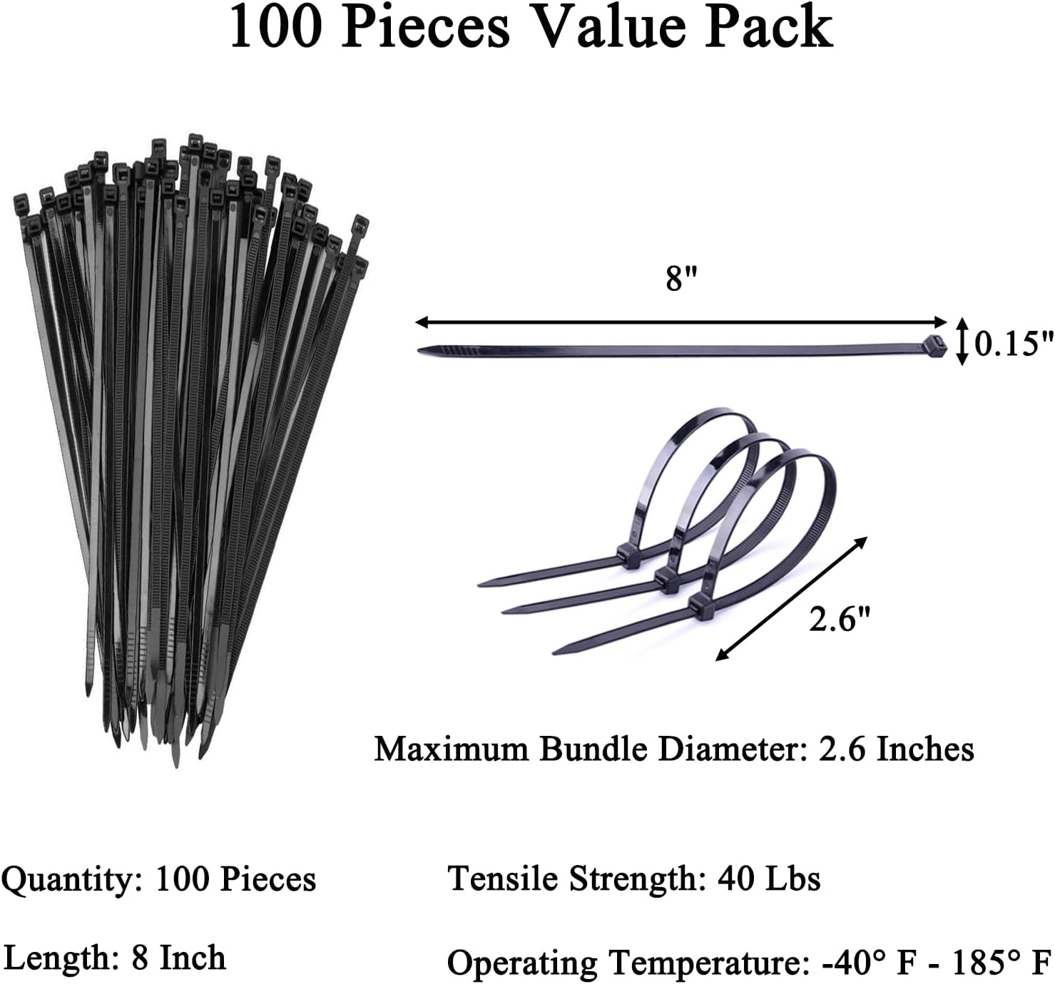 8 Inch Zip Ties Cord Straps with 40 Lbs Tensile Strength for Indoor and Outdoor Use, Heavy Duty, Self-Locking, Multi-Purpose Cable Ties Wire Wraps, Black, 100PCS