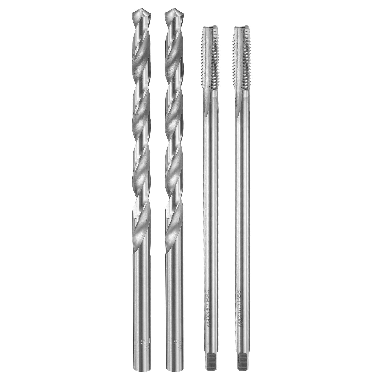 Zestaw gwintowników i wierteł, 2 szt. gwintowników metrycznych M8 x 1,25 z prostym rowkiem, 150 mm, bardzo długie i 2 szt. wierteł krętych 8 mm, 165 mm, bardzo długie, narzędzie do gwintowania HSS-