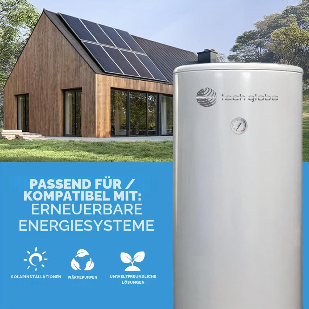TECHGLOBE - Brauchwasserspeicher mit 2 Wärmetauscher (1.8 + 2.4 m²) - Komplett aus Edelstahl - Energieeffizient Warmwasserspeicher- mit 50mm Isolierung (200 L)