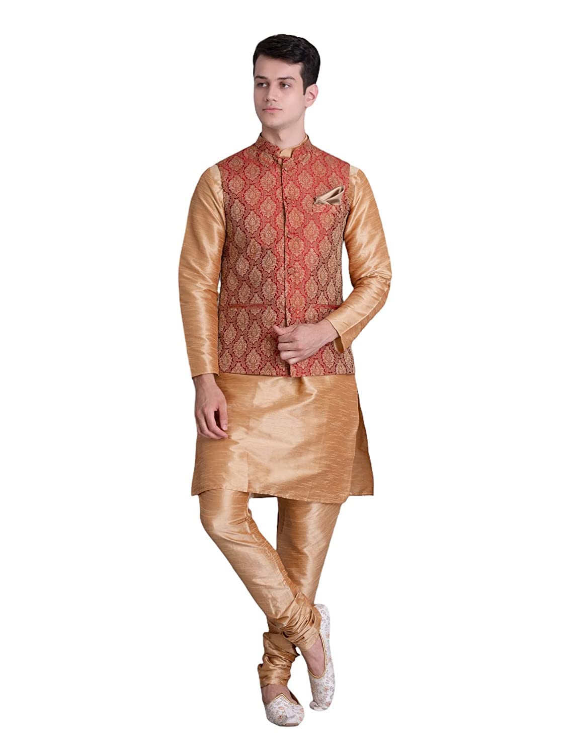 Uri and MacKenzie Men's Silk Blend Regular Kurta Churidar Pyjama with Bundi Nehru Jacket/Waistcoat