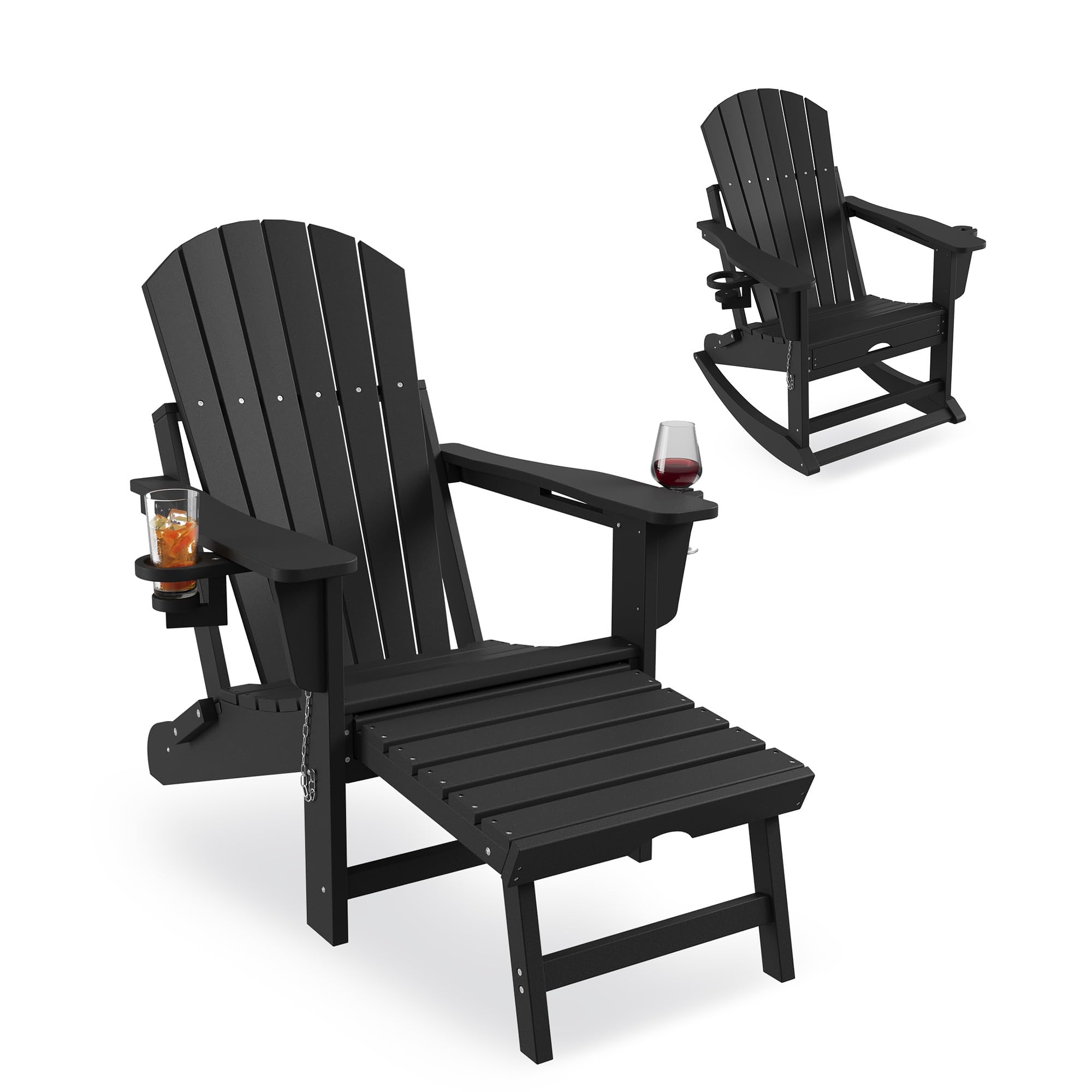 Klappbarer Adirondack Stuhl Mit Fußstütze & 2 Getränkehalter, Loungesessel Gartenstuhl Wetterfestes HDPE Gartensessel Für Garten, Terrasse Und Balkon, 181 kg Tragfähigkeit