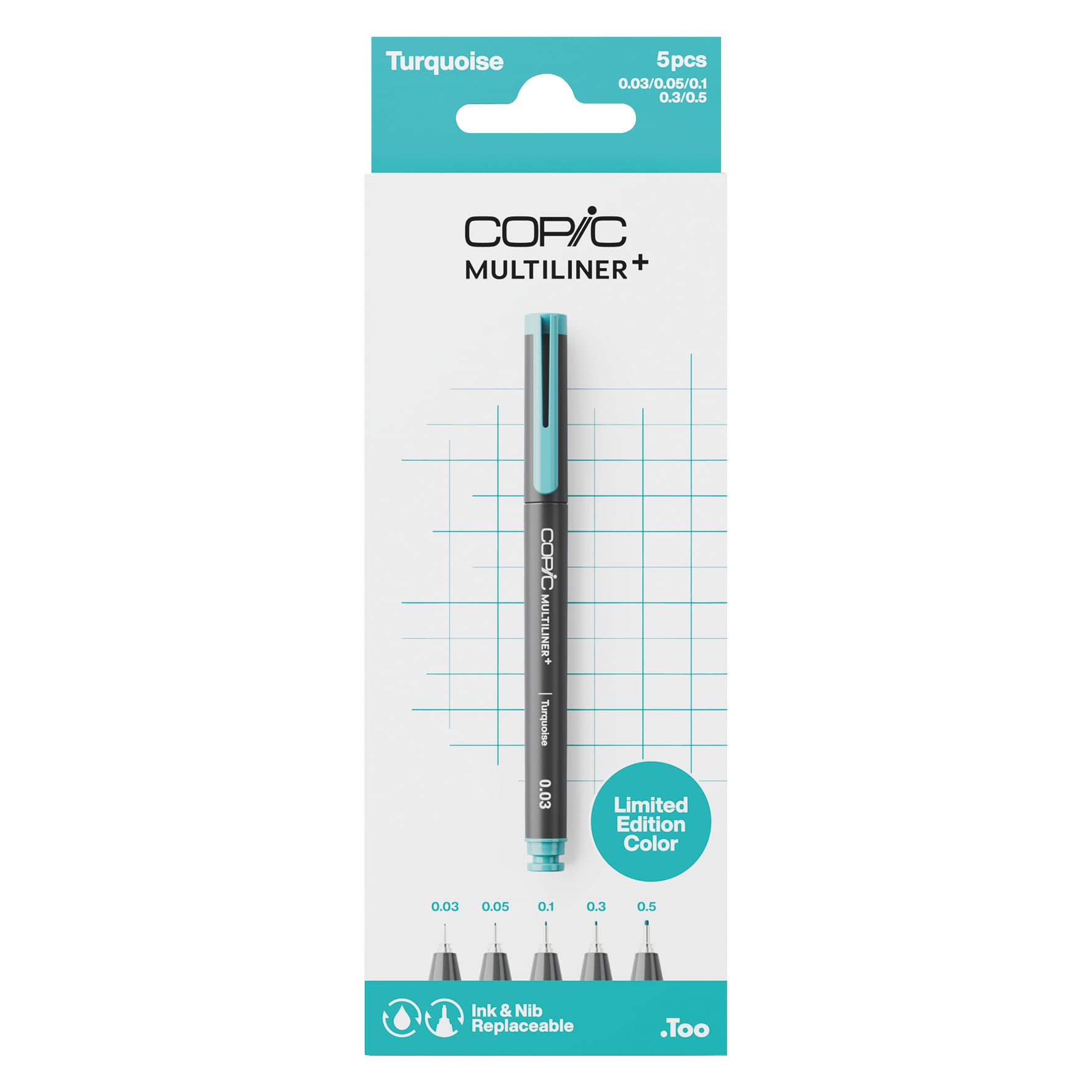 Copic Multiliner Plus Set, turchese fine, 0,03-0,5 mm x5, scrittura, scrittura a mano, penne per arte e cancelleria, disegno, schizzi, diario, penna colorata, fumetto, inchiostro permanente