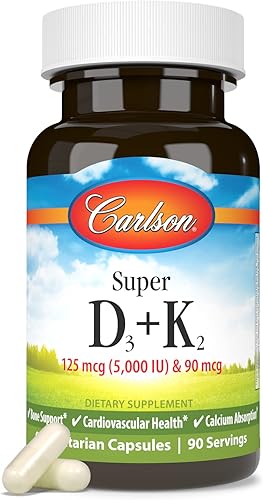 Miniatura 5 de Carlson - Super D3 + K2, 125 mcg (5000 UI) de vitamina D3, 90 mcg de vitamina K2 como MK-7, soporte óseo, absorción de calcio, 90 cápsulas