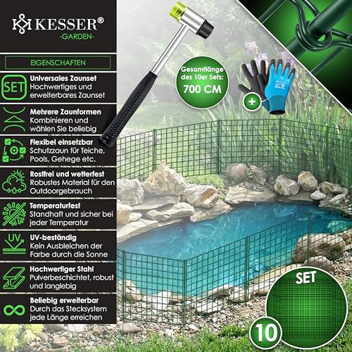 KESSER® Teichzaun Gartenzaun Steckzaun Komplettset Metall 10x Gerade Inkl. Handschuhe, 2x Hammer + 12 Befestigungsstäben, Zaun zum stecken für Garten, Gitterzaun Set Freigehege für Tiere