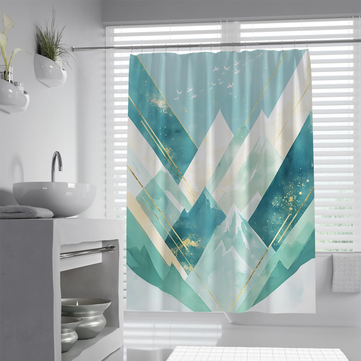 Rideau de Douche Salle de Bain Chevrons Vert Menthe W180xL180 cm
