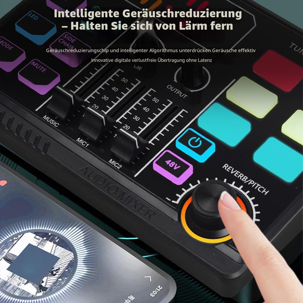 Btuty Gaming Audio Mixer mit 48V Phantom Power, RGB Mischpult für XLR Mikrofon, BT Soundkarte für Streaming