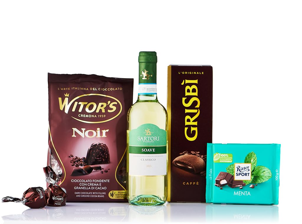 CARAVELLA FINE FOODGift set "Sweet Delights n°1" - Soave white wine 50 cl, Dark chocolates with cocoa cream 250 gr, Chocolate cookies with coffee cream 135 g Peppermint dark chocolate bar 100 gr