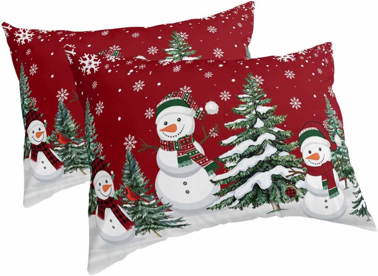 Christmas Red Snowman Standard Pillow Cases Set of 2, Xmas Tree Snowflake Winter Soft Breathable Pillow Covers with Envelope Closure Funny Cute Decorative Pillow Shams for Bed Sofa Couch Chair 20x26