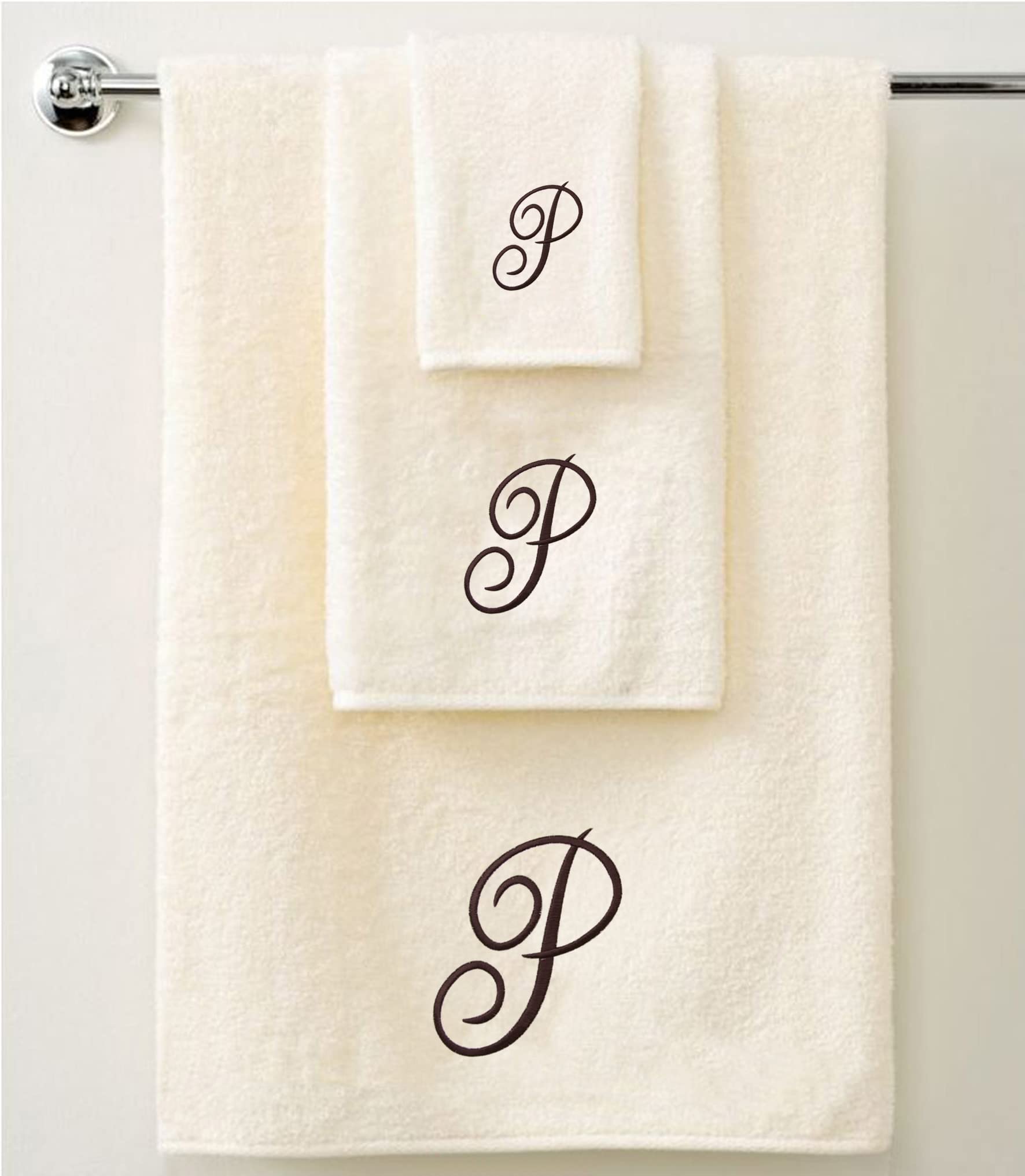 QCS Personalised Embroidered 3 Piece Towel Set in Brown Script 100% Cotton 600 GSM 1 Bath Towels, 1 Hand Towels and 1 Guest Towels (IvoryBrown 'P')