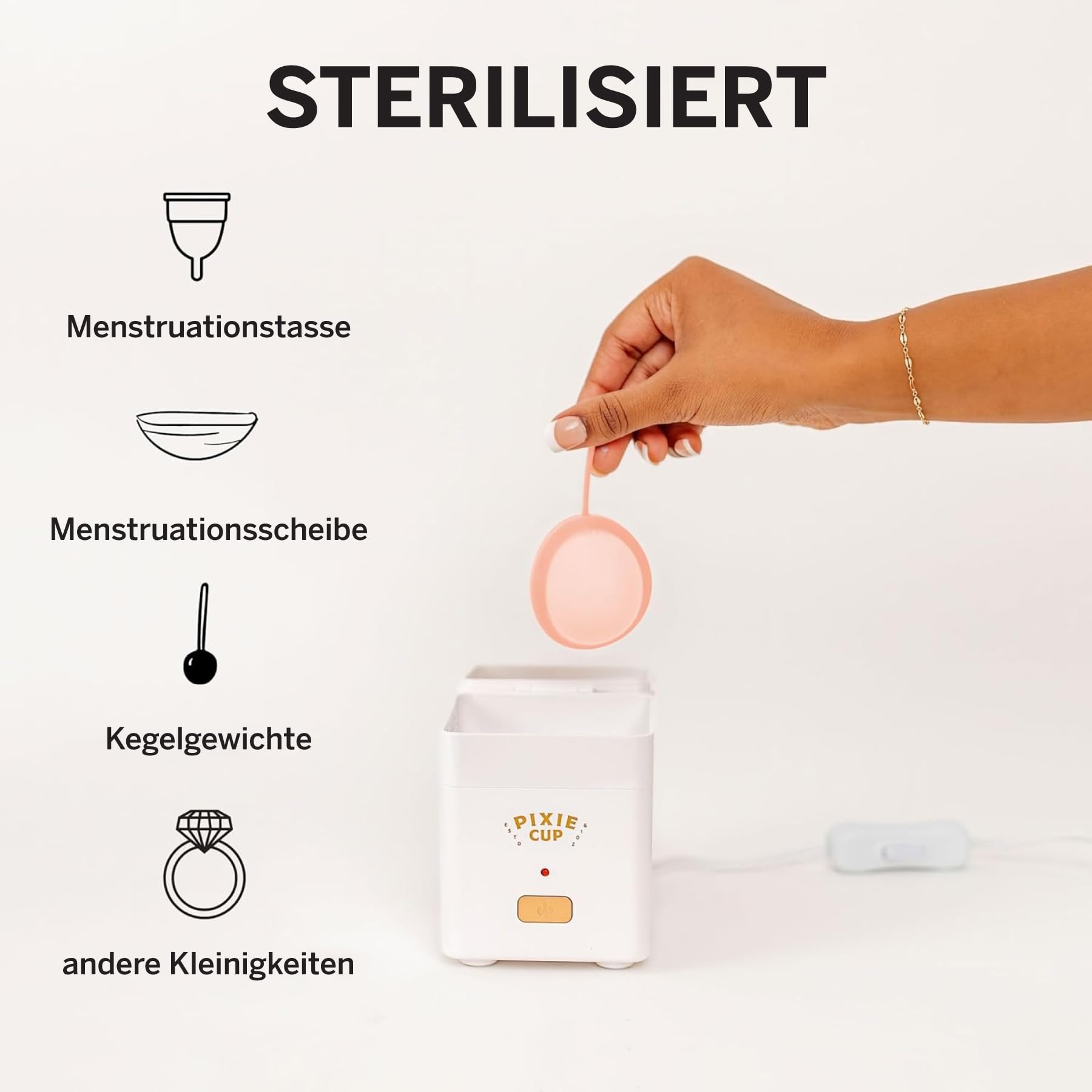 Menstruationsdisc mit Sterilisator – Platz 1 für komfortable weiche Perioden-Disc – Entfernt 99,9% der Keime mit Dampf – Reinigung in 3 Minuten – Kompaktes Hygieneset