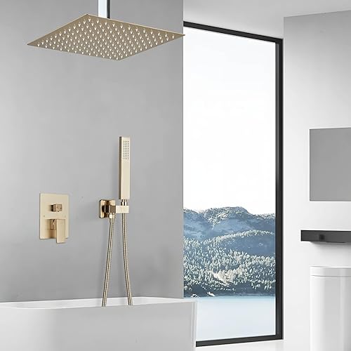 Miniatura 8 de Juego de grifo de ducha con sistema de ducha de lluvia de 8 pulgadas y rociador de mano, accesorios de ducha de baño dorado cepillado con válvula de