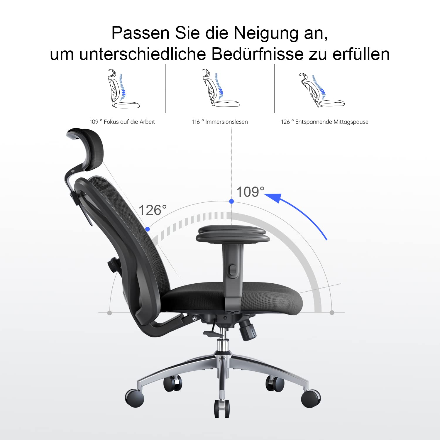 SIHOO Bürostuhl Ergonomischer Schreibtischstuhl, Drehstuhl hat Verstellbarer Lordosenstütze, Kopfstütze und Armlehne, Höhenverstellung und Wippfunktion, Rückenschonend, Bis 150kg/330LB Belastbar