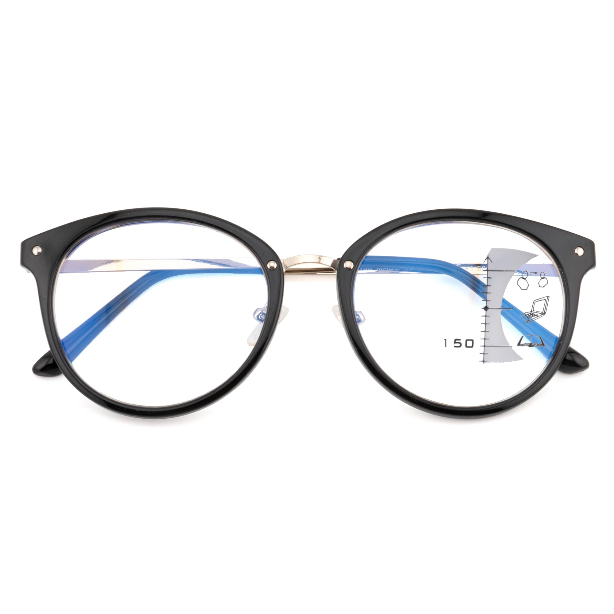 FEIVSN Trendy Round Progressive Multifocus Reading Glasses Women Men Multifocal Readers Blue Light Blocking Eyeglasses Black +2.0