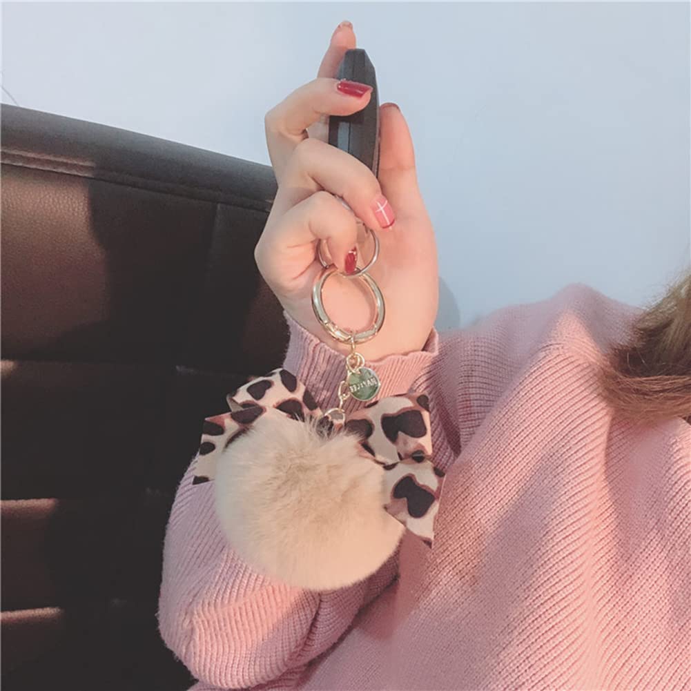 SHTGOI 1 portachiavi con pompon a forma di leopardo Bowknot a forma di palla di peluche portachiavi per borsa, chiavi, cachi