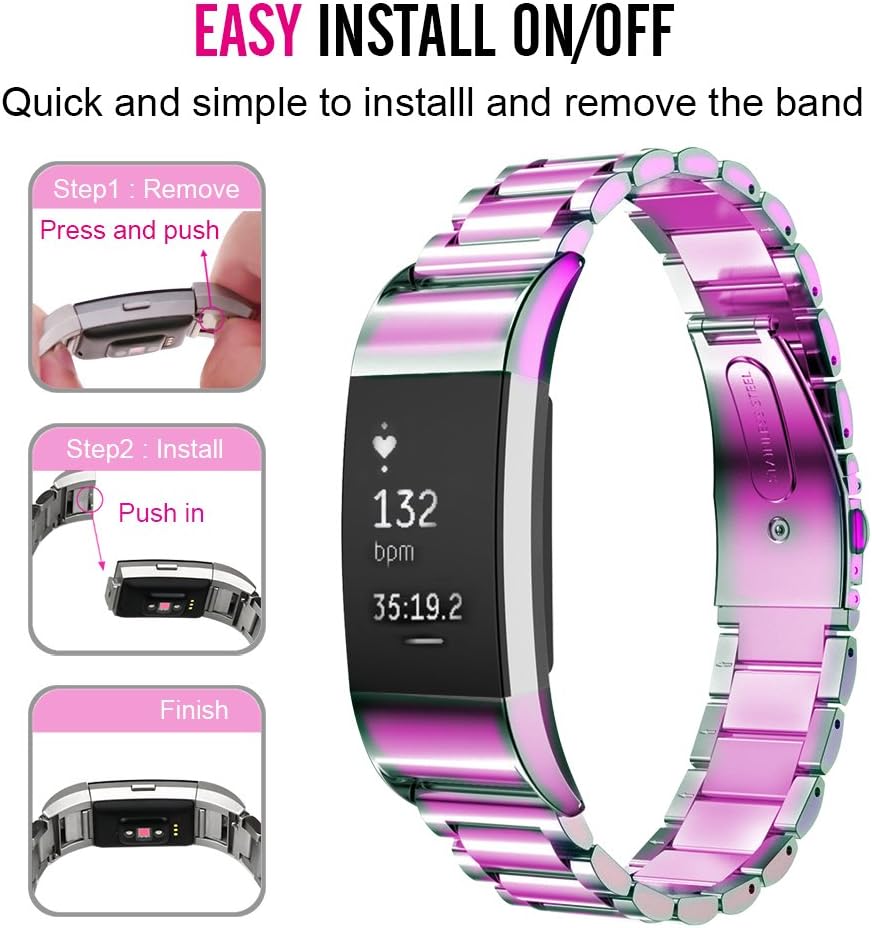 Oitom Stainless Steel Bands Compatilbe with Fitbit Charge 2,Premium Stainless Steel SS Metal Replacement Watch Band Strap for Smart Fitness Watch (Colorful Rainbow)