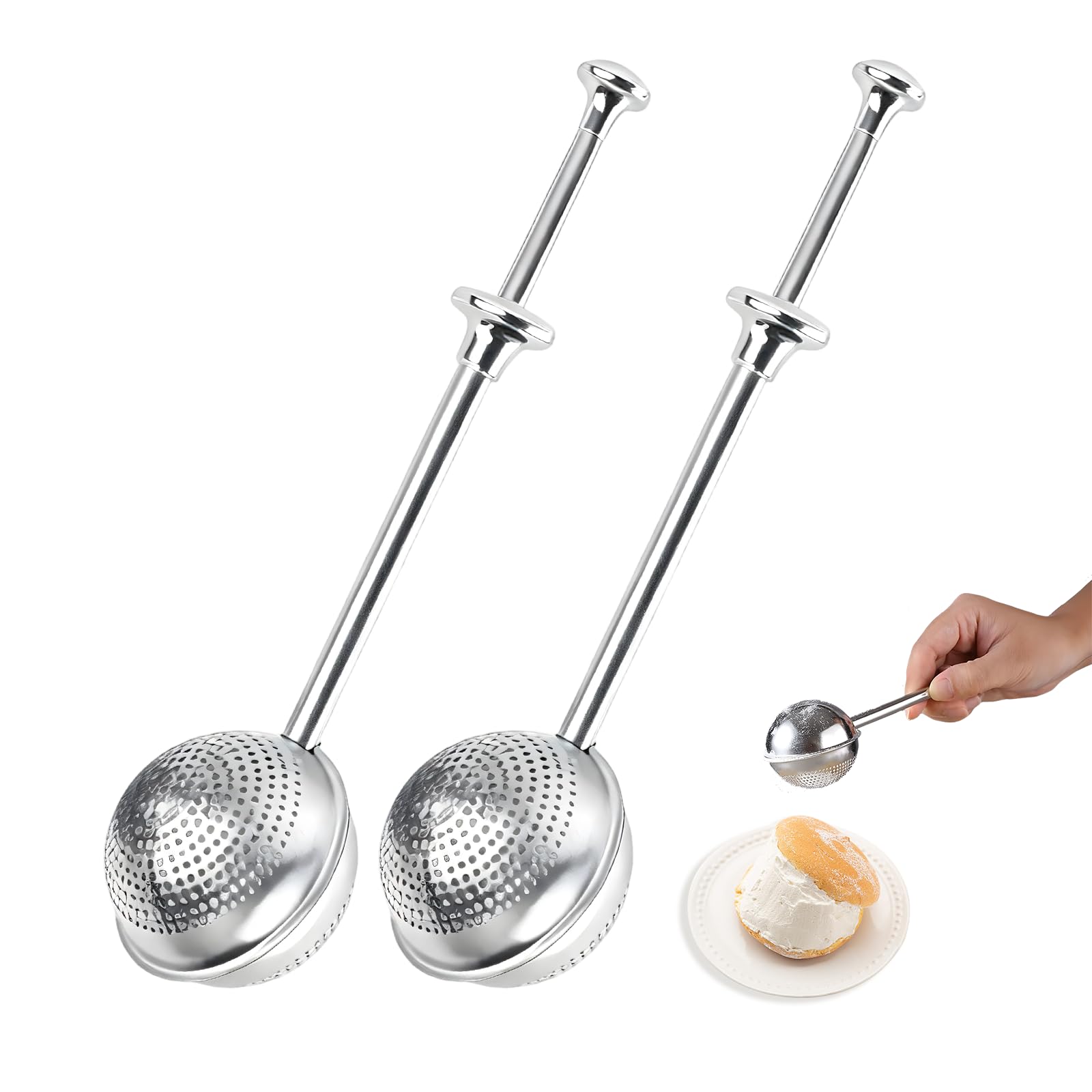 Flour Duster powder sugar shaker duster Stainless Steel Sugar Pick Up and Dust Flour Sifter Powder Sifter with Spring Handle for Baking 2PCS